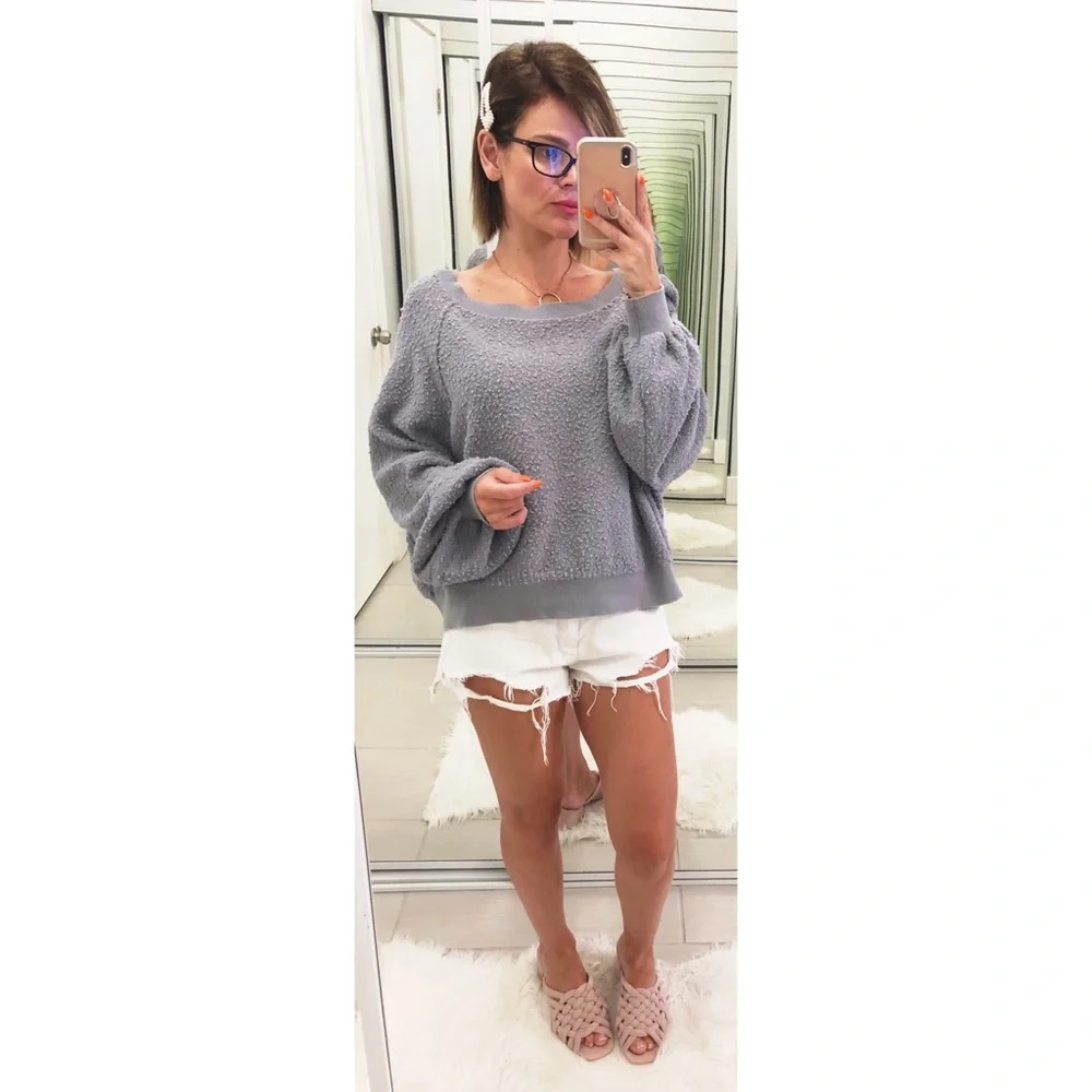 Free People Lavender Gray Textured Cozy Pullover Sweatshirt